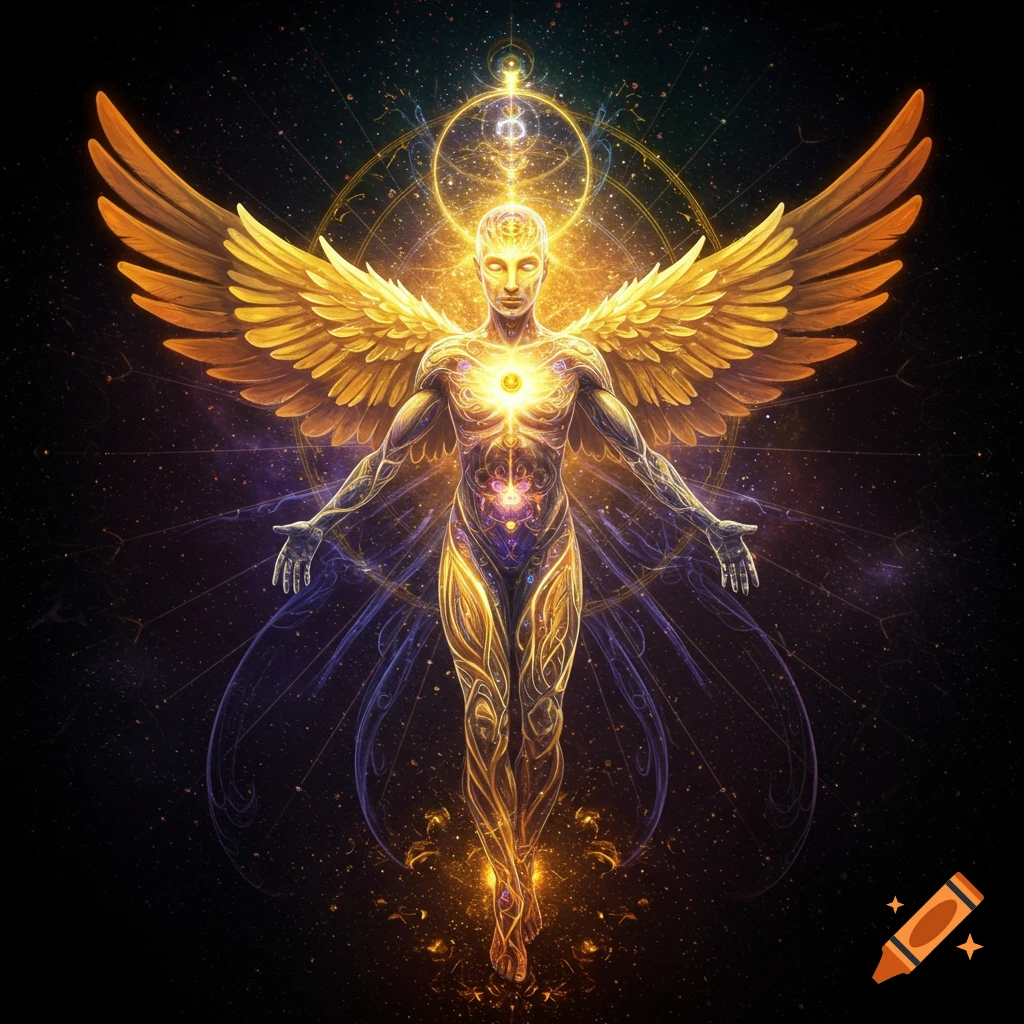 A radiant spiritual being with golden wings stands amidst cosmic light patterns.