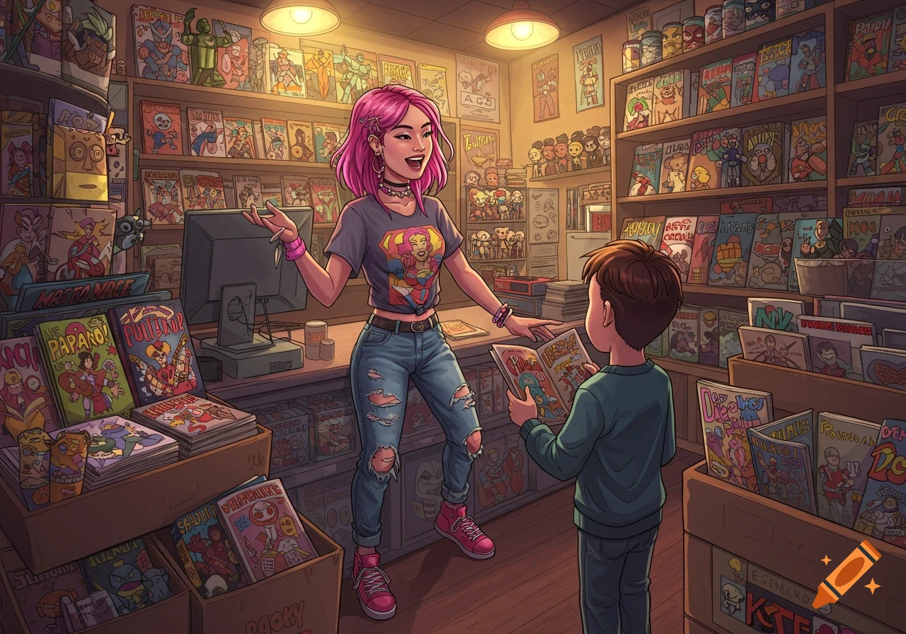 A young woman with pink hair talks to a boy in a brightly lit comic book shop filled with shelves of comics. Illustration style.