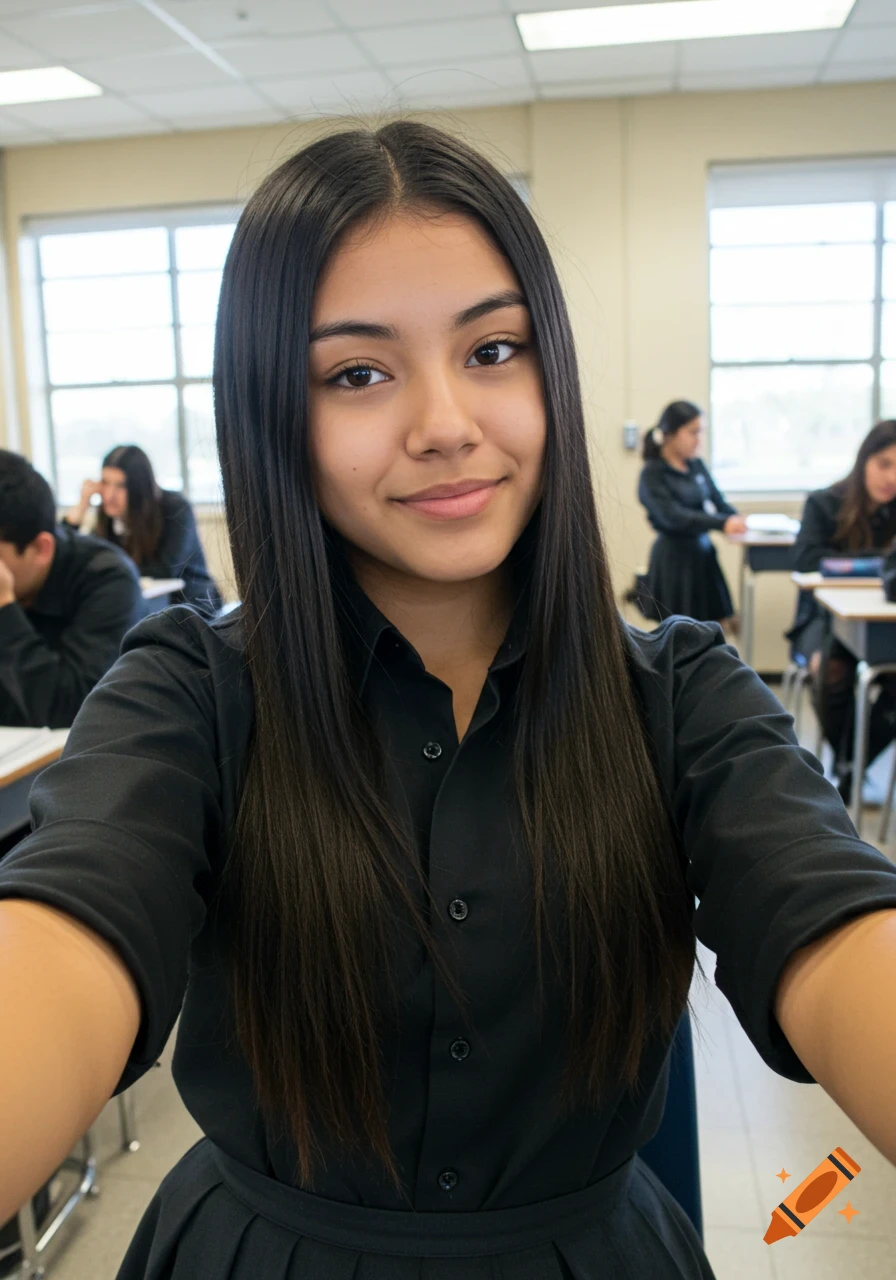 A young woman in a black uniform takes a selfie in a classroom.