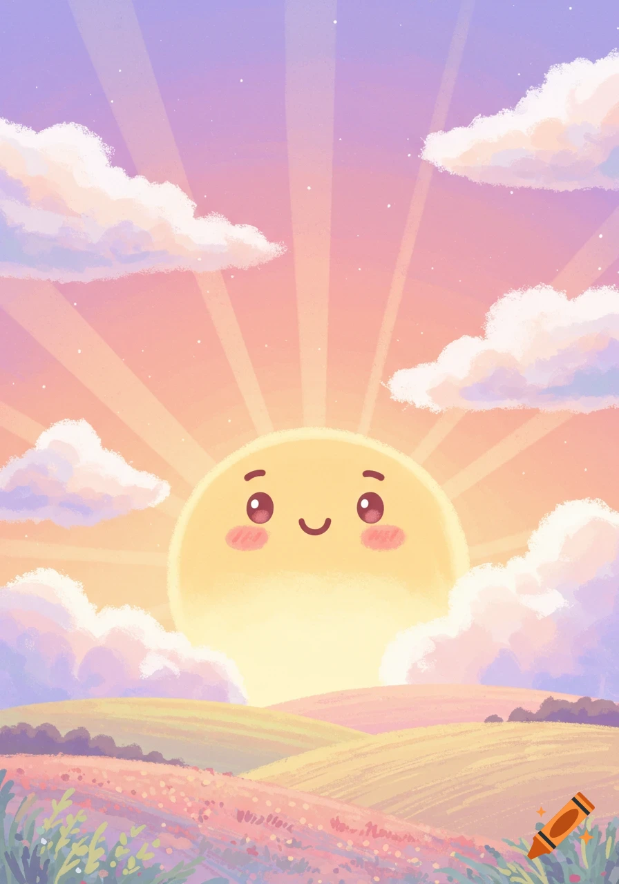 A cute smiling sun rises over rolling hills and fields in a pastel illustration style.