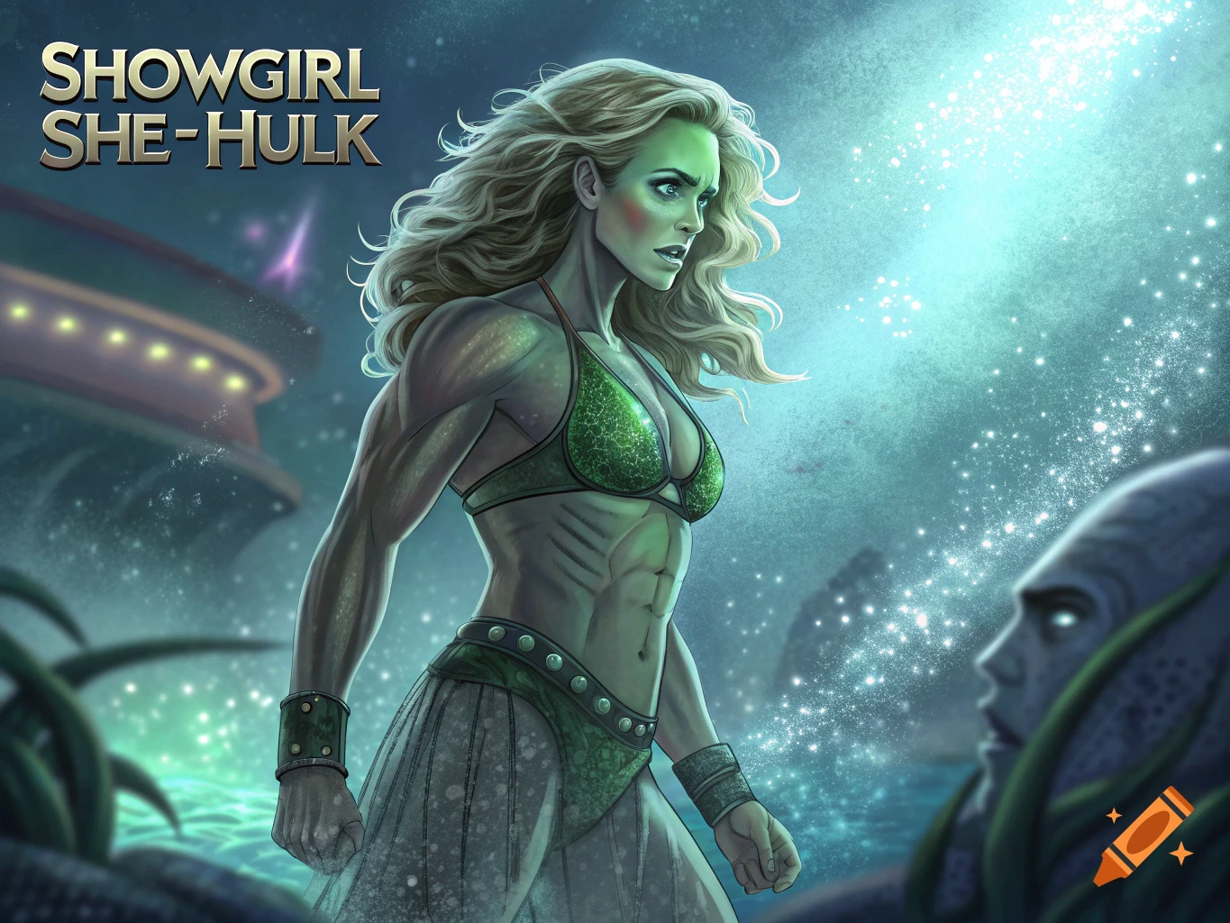 Illustration of a muscular green-skinned woman in showgirl attire, titled 'SHOWGIRL SHE-HULK', in a sea scene with a blurred figure.