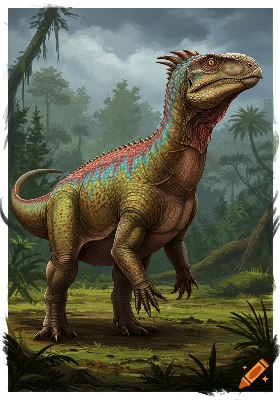 Illustration of a colorful Metriacanthosaurus dinosaur in a jungle setting