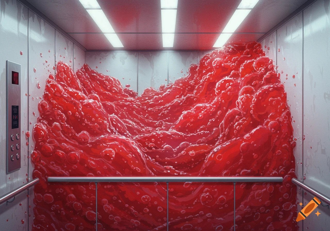 Digital art of an elevator interior filled with a large, bubbly mass of red liquid.