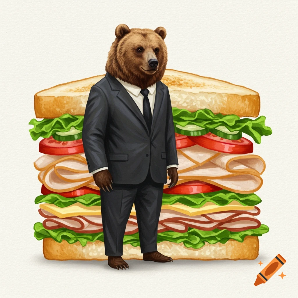 An illustration of a bear in a suit standing in front of a giant sandwich.