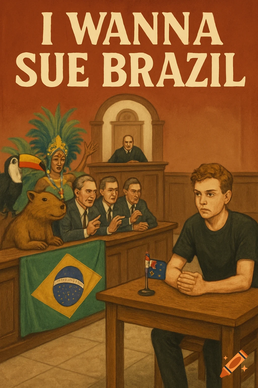 A courtroom illustration with text "I WANNA SUE BRAZIL" above a scene depicting Brazil vs. a lone man from Australia.