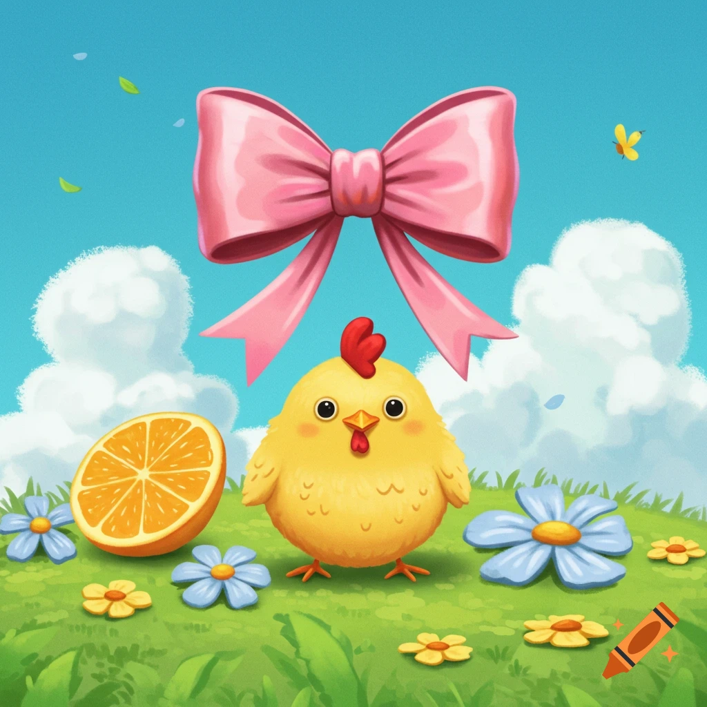 A cute cartoon chick stands on grass with flowers and an orange slice, beneath a large pink bow. The scene is set under a blue sky with clouds.