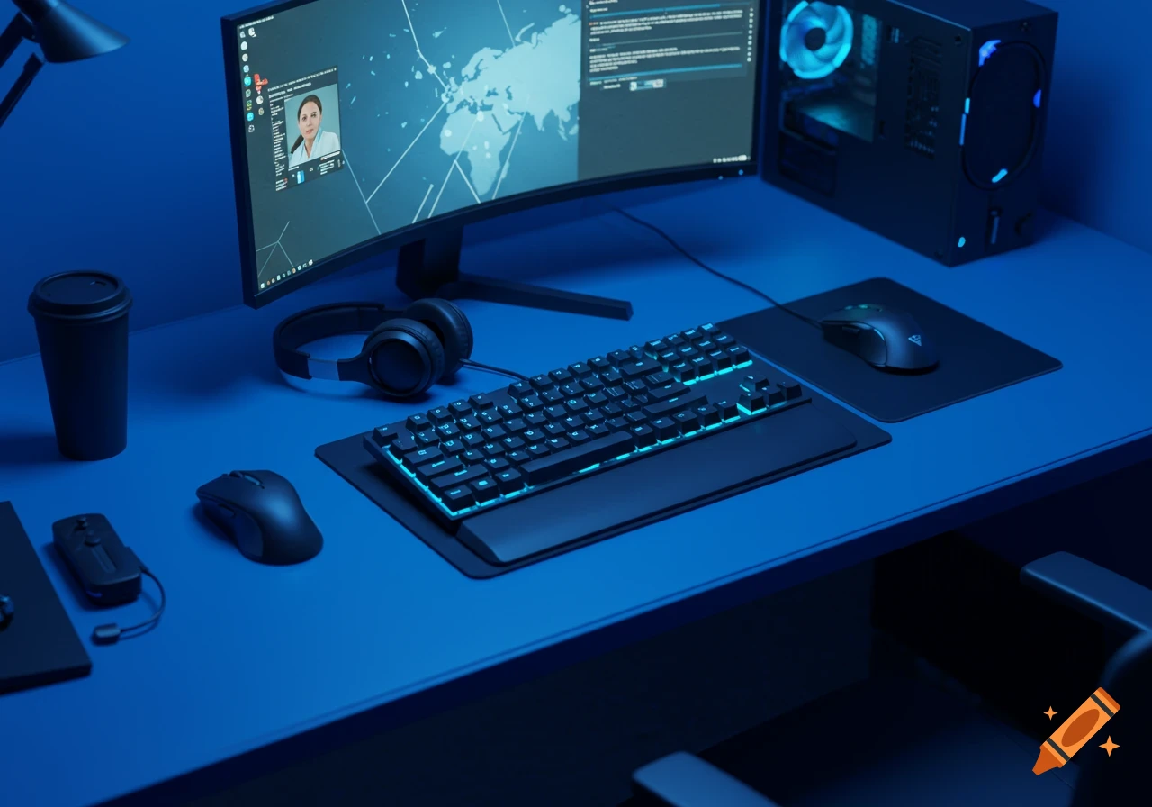 A desk setup with a computer, keyboard, mouse, headphones, and coffee cup under blue lighting.