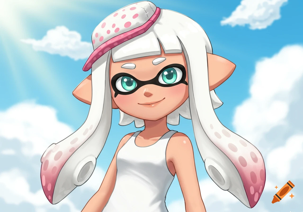 An Inkling girl from Splatoon smiles under a sunny sky in a cartoon style.