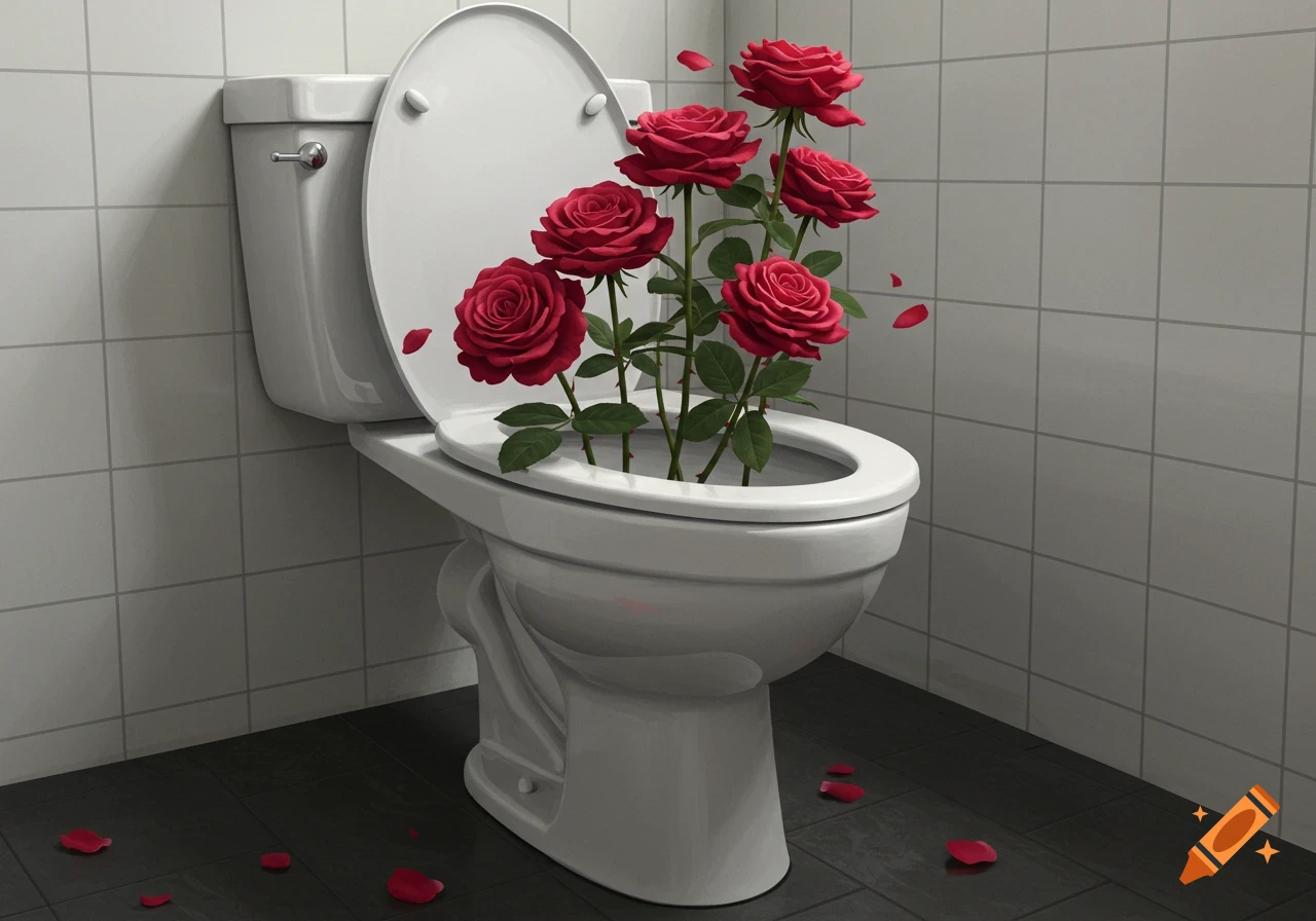 Red roses growing out of a white toilet in a bathroom. on Craiyon
