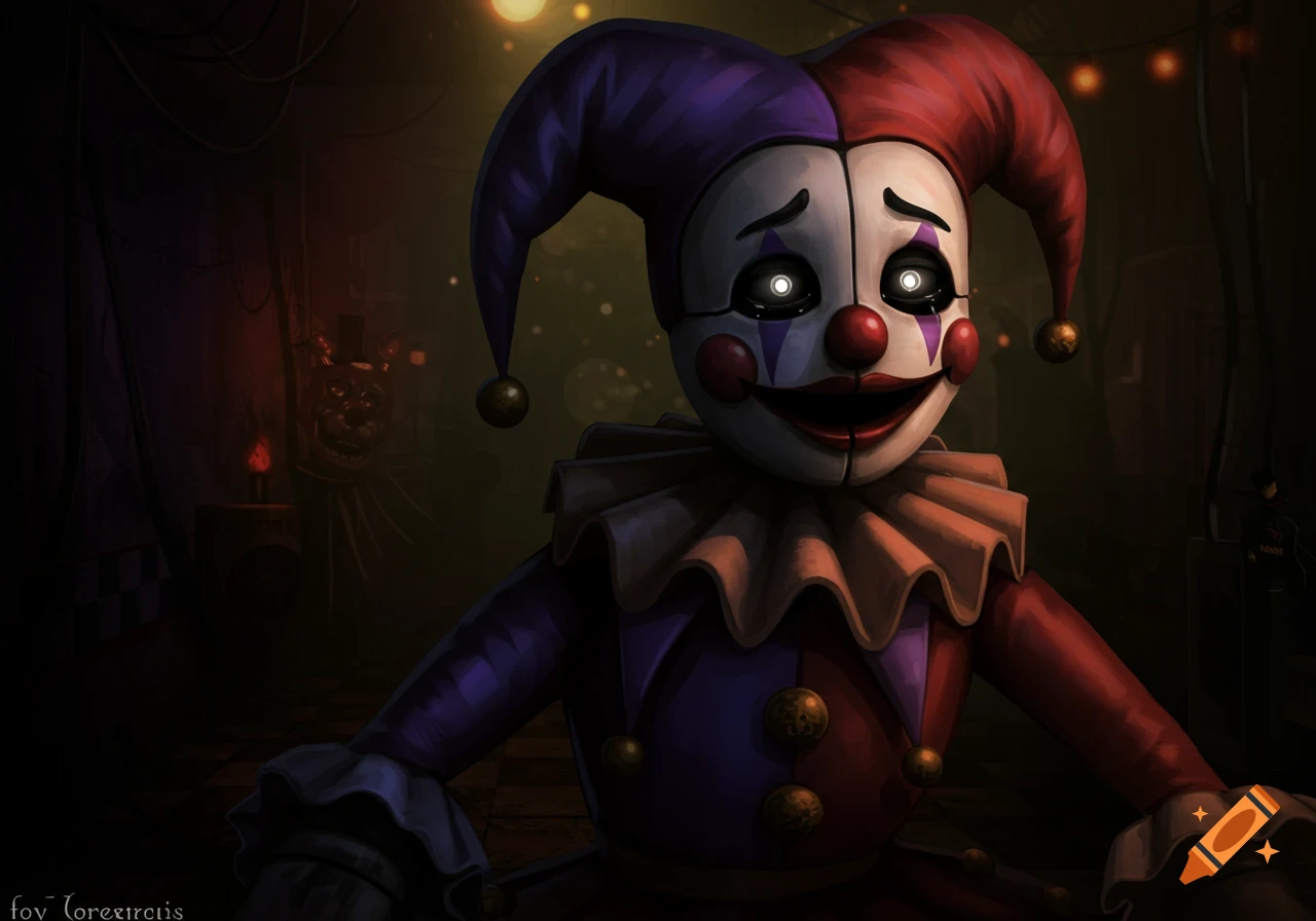 Creepy jester animatronic in a dark room. Digital art.