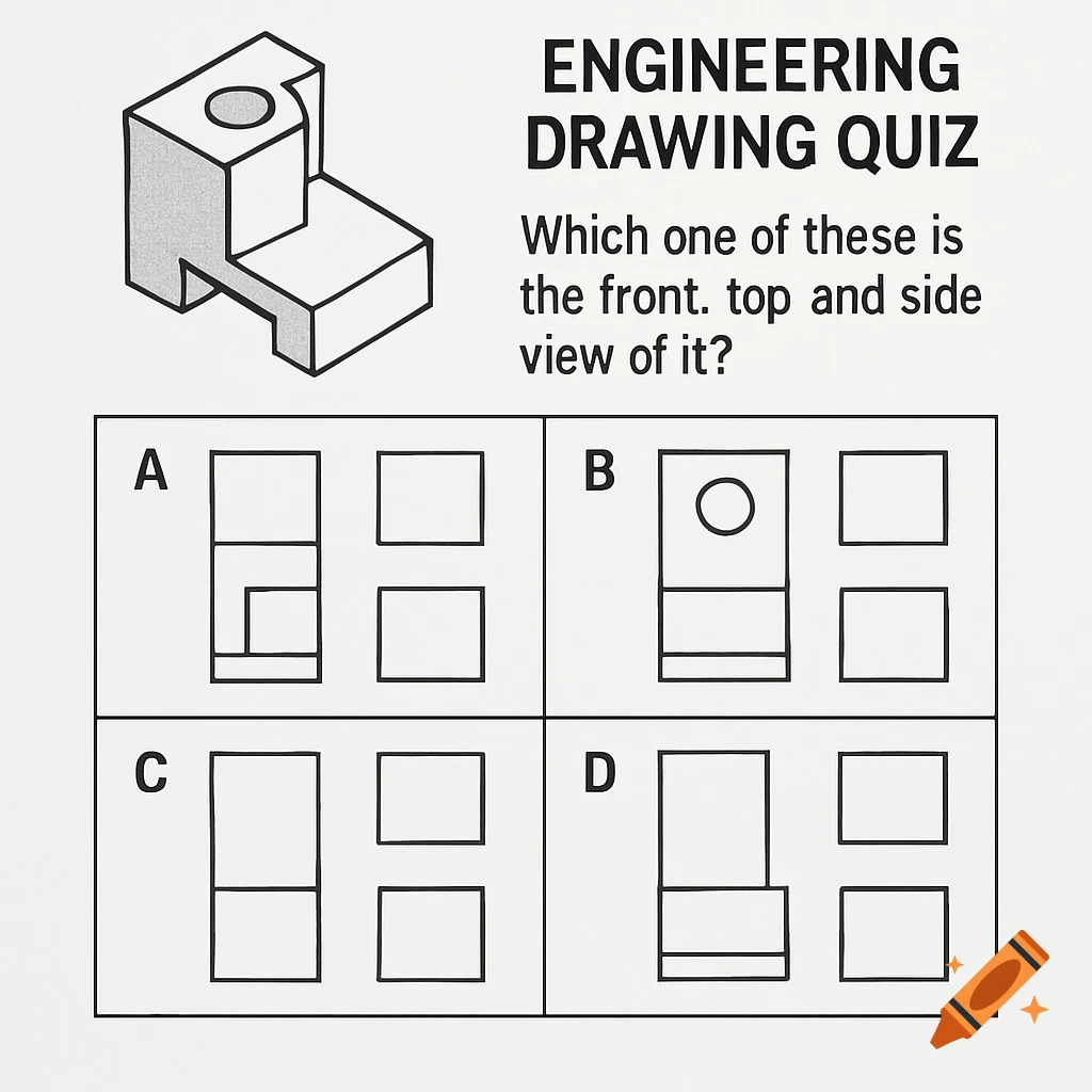 Engineering drawing quiz showing a 3D object and four options of its orthogonal front, top, and side views labeled A-D.