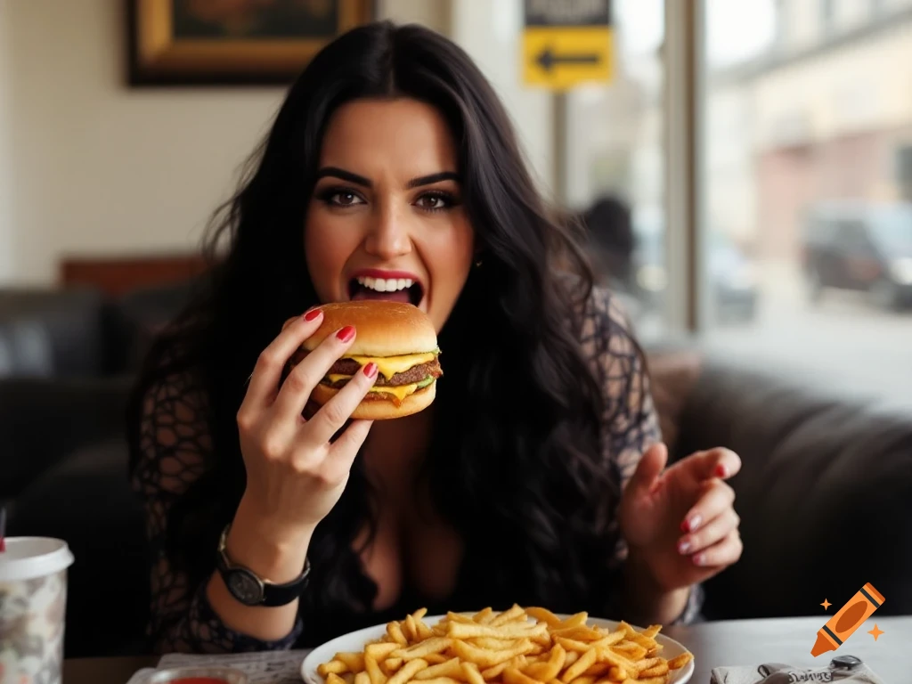 A woman eating a large cheeseburger and fries in a restaurant.