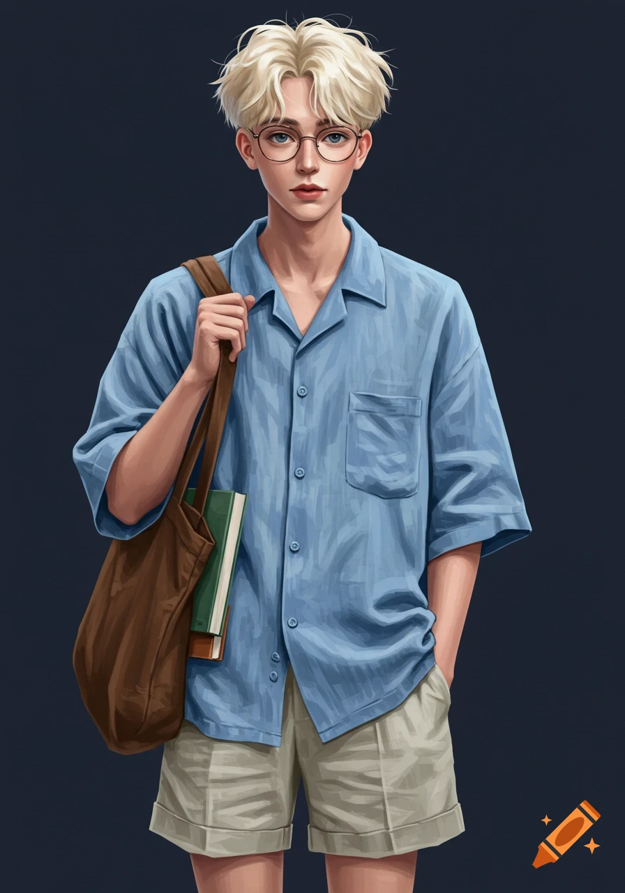 Illustration of a young man with blonde hair and glasses wearing a blue shirt and shorts, carrying a tote bag with books.