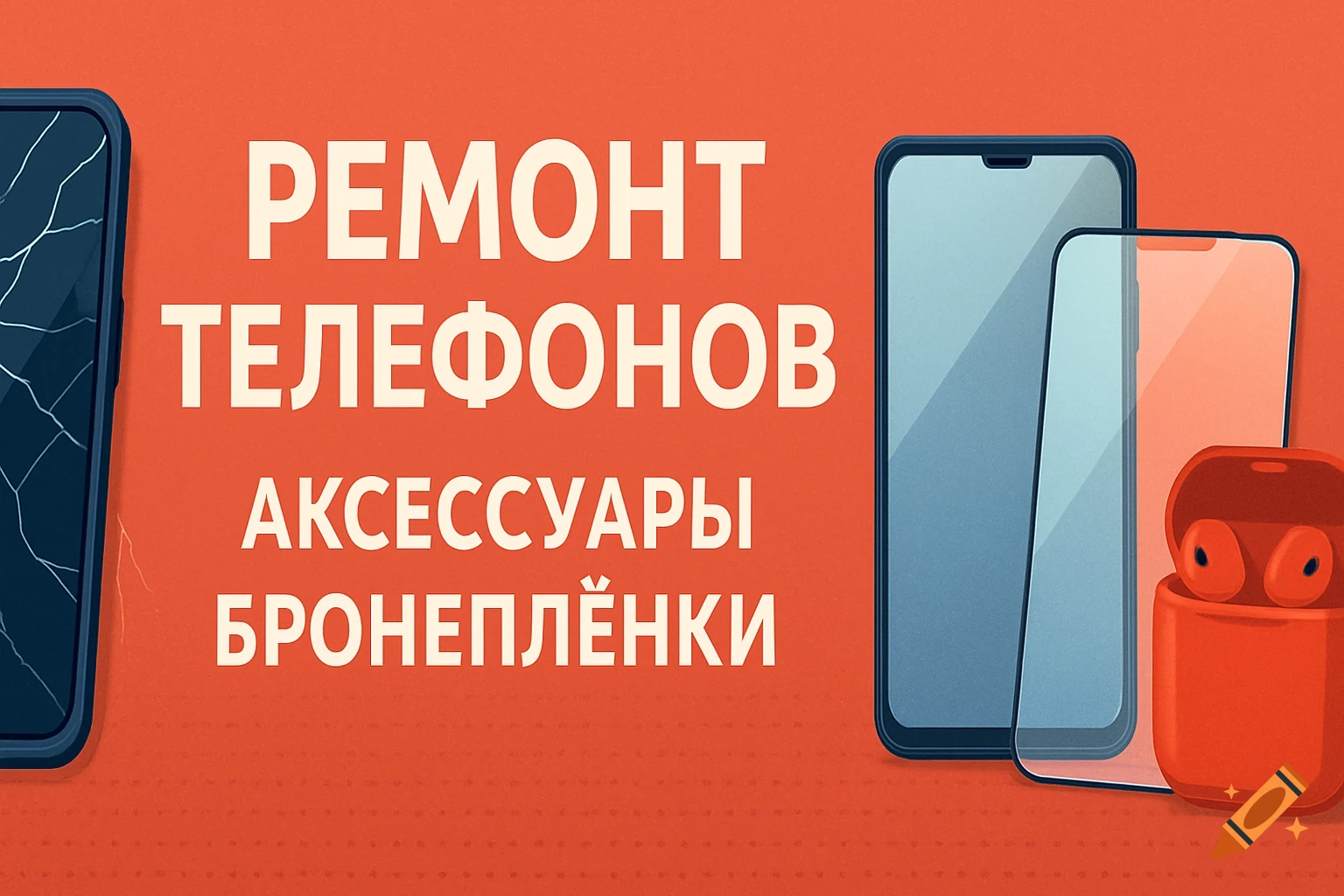 Advertising banner for phone repair, accessories, and screen protectors, featuring text and illustrations of phones and earbuds on a red background.