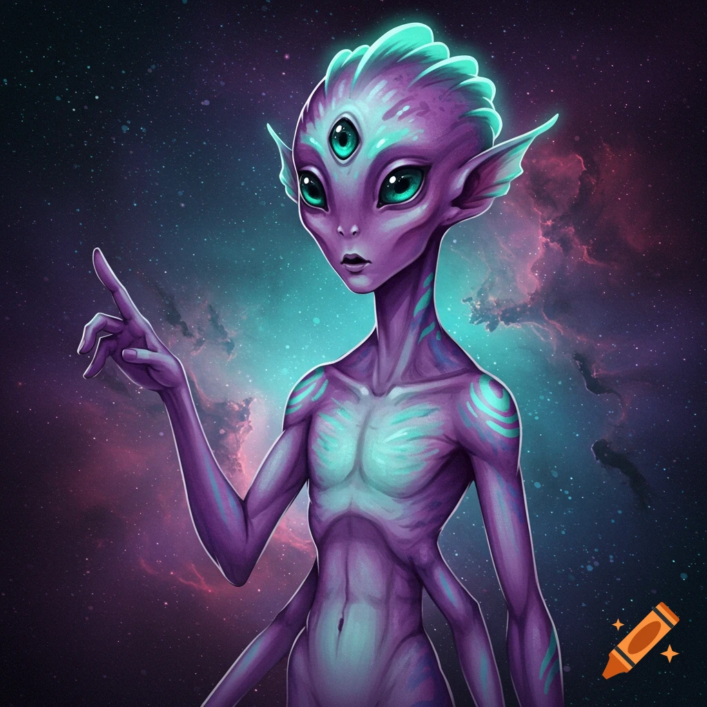 Purple alien with three eyes and four arms in space, pointing
