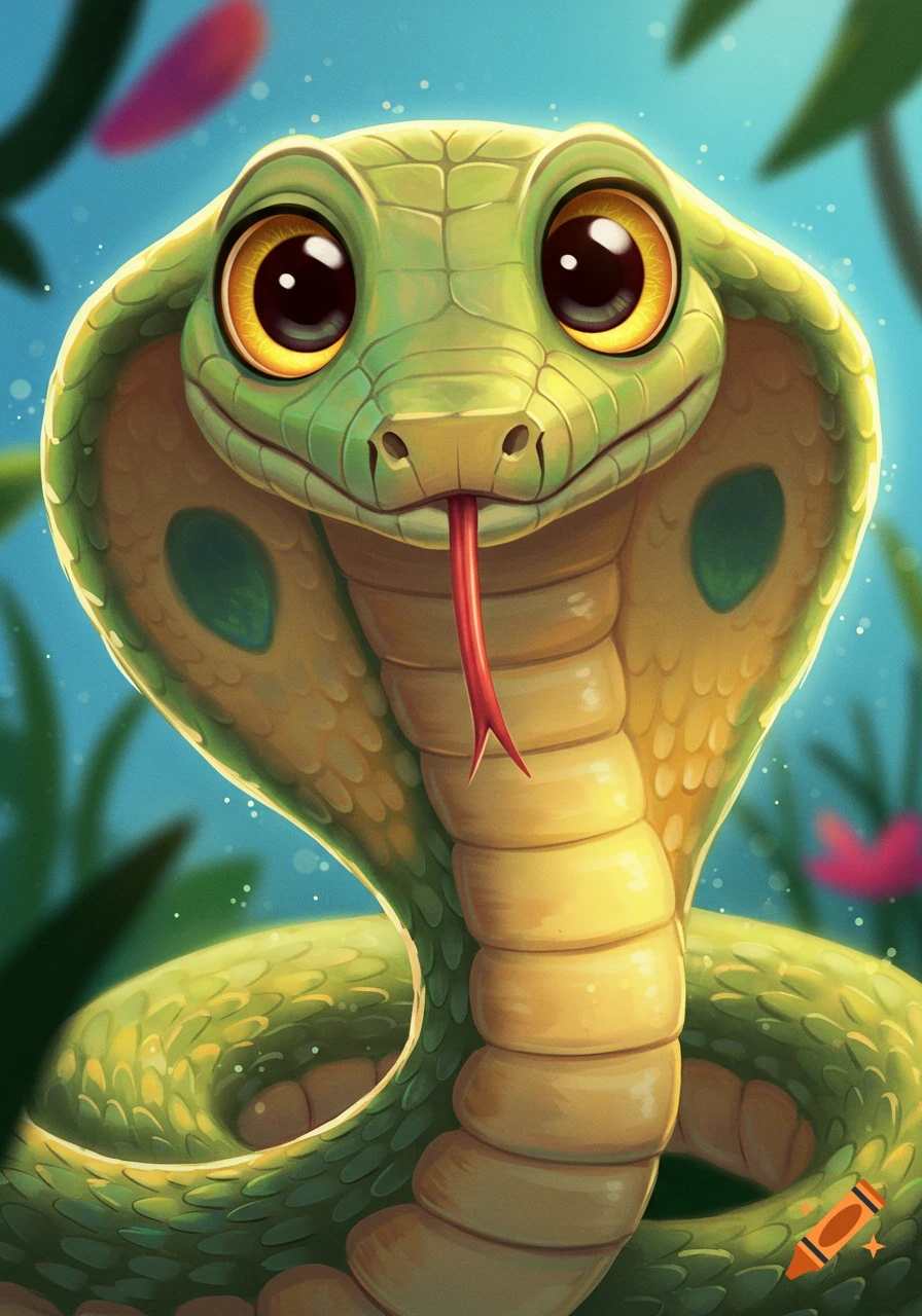 A cute cartoon cobra with big eyes and its tongue out, looking forward in a jungle.