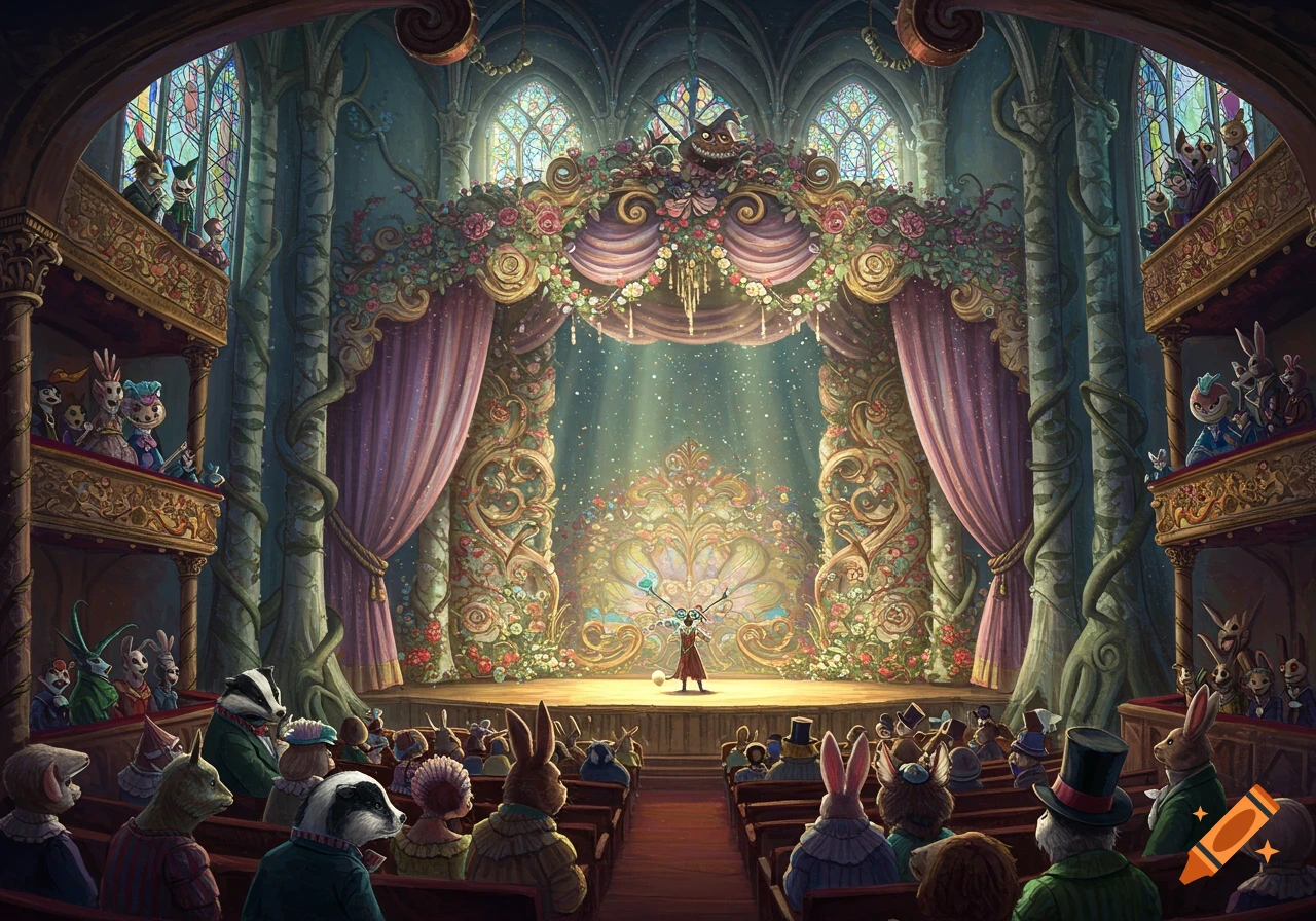 Anthropomorphic animals watch a performance in a grand theatre.