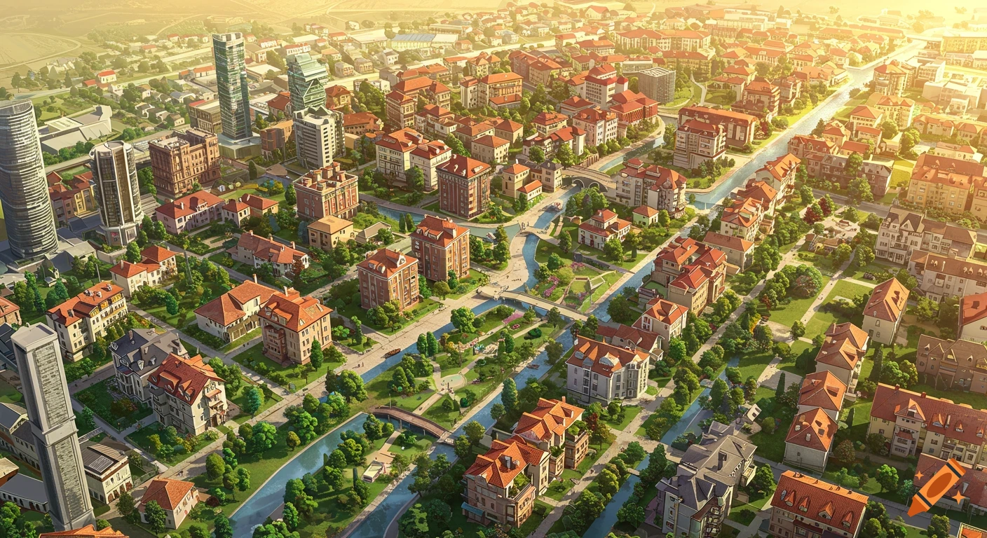 Aerial view of a detailed, well-designed town with buildings, parks, and canals in a digital rendering style.