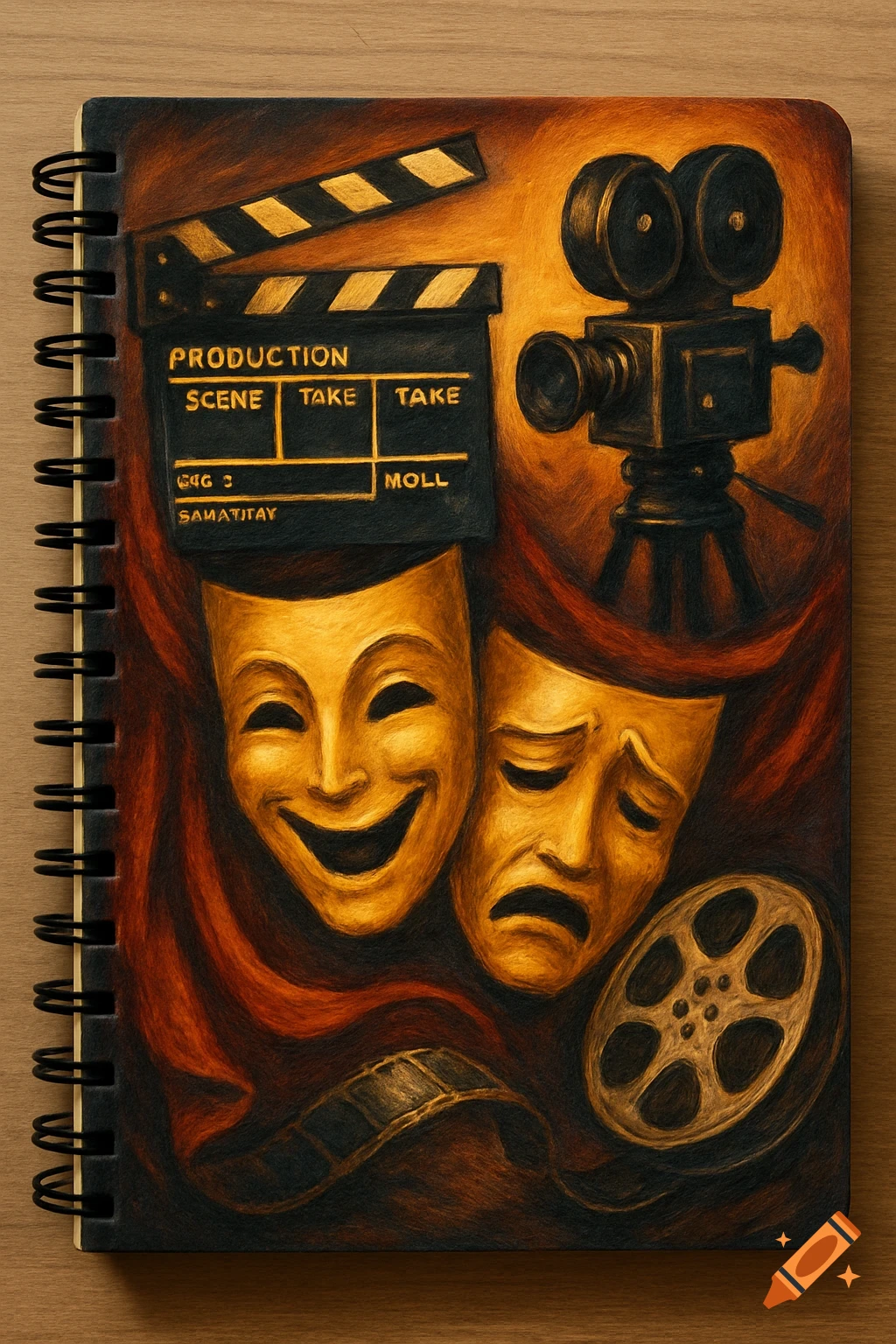 Painterly notebook cover with happy and sad masks, clapperboard, camera, and film reel representing movies and theater.