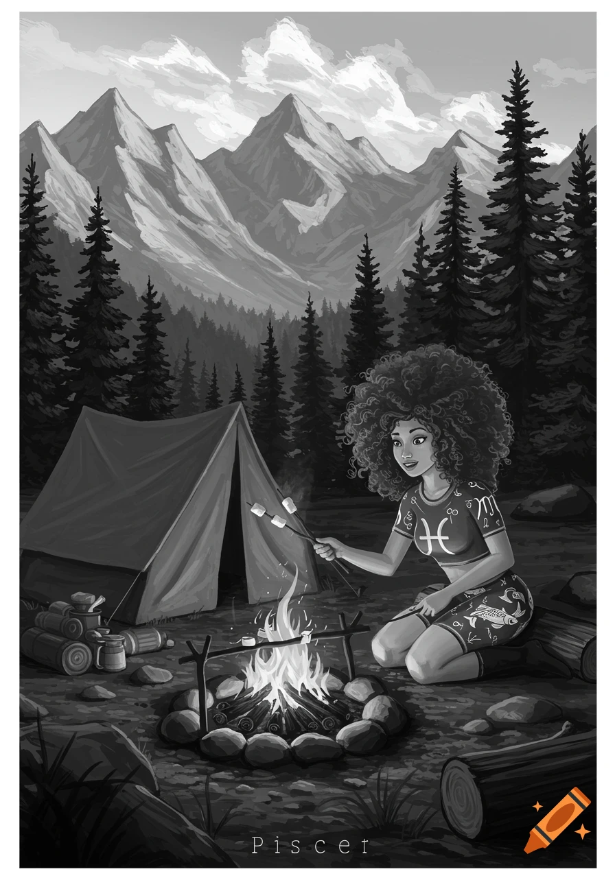 A black and white illustration of a person with curly hair roasting marshmallows over a campfire while camping in the mountains.