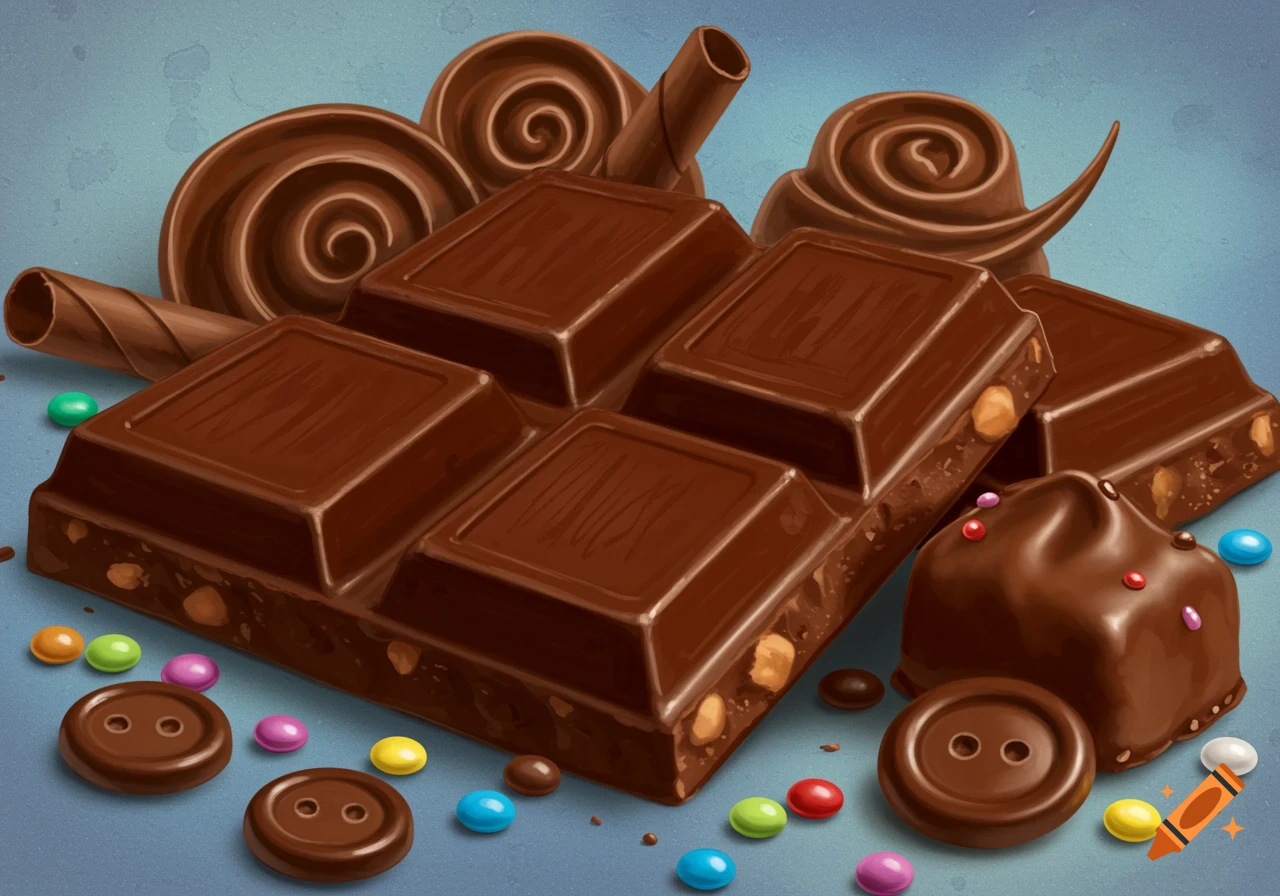 An illustrative close-up of a chocolate bar, swirls, buttons, and colorful candies.