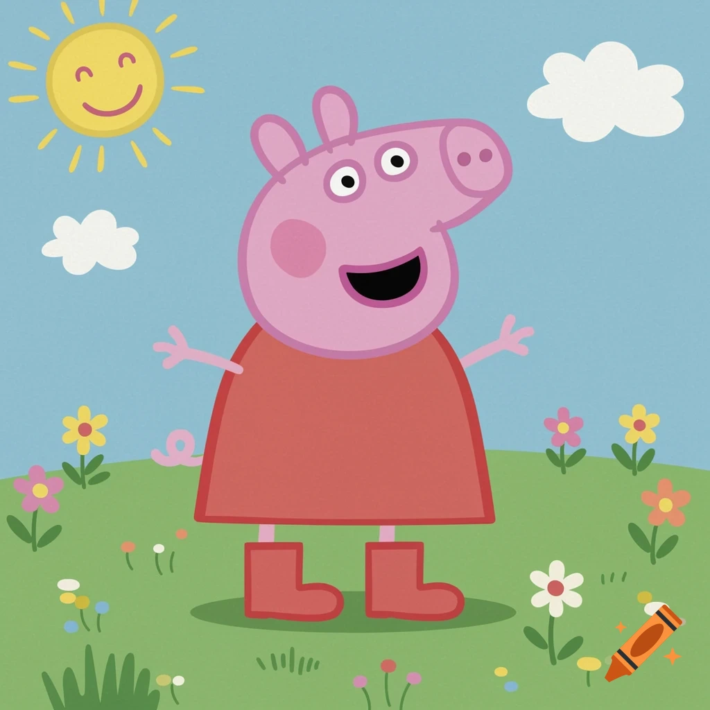 Peppa Pig cartoon character standing in a sunny field with flowers