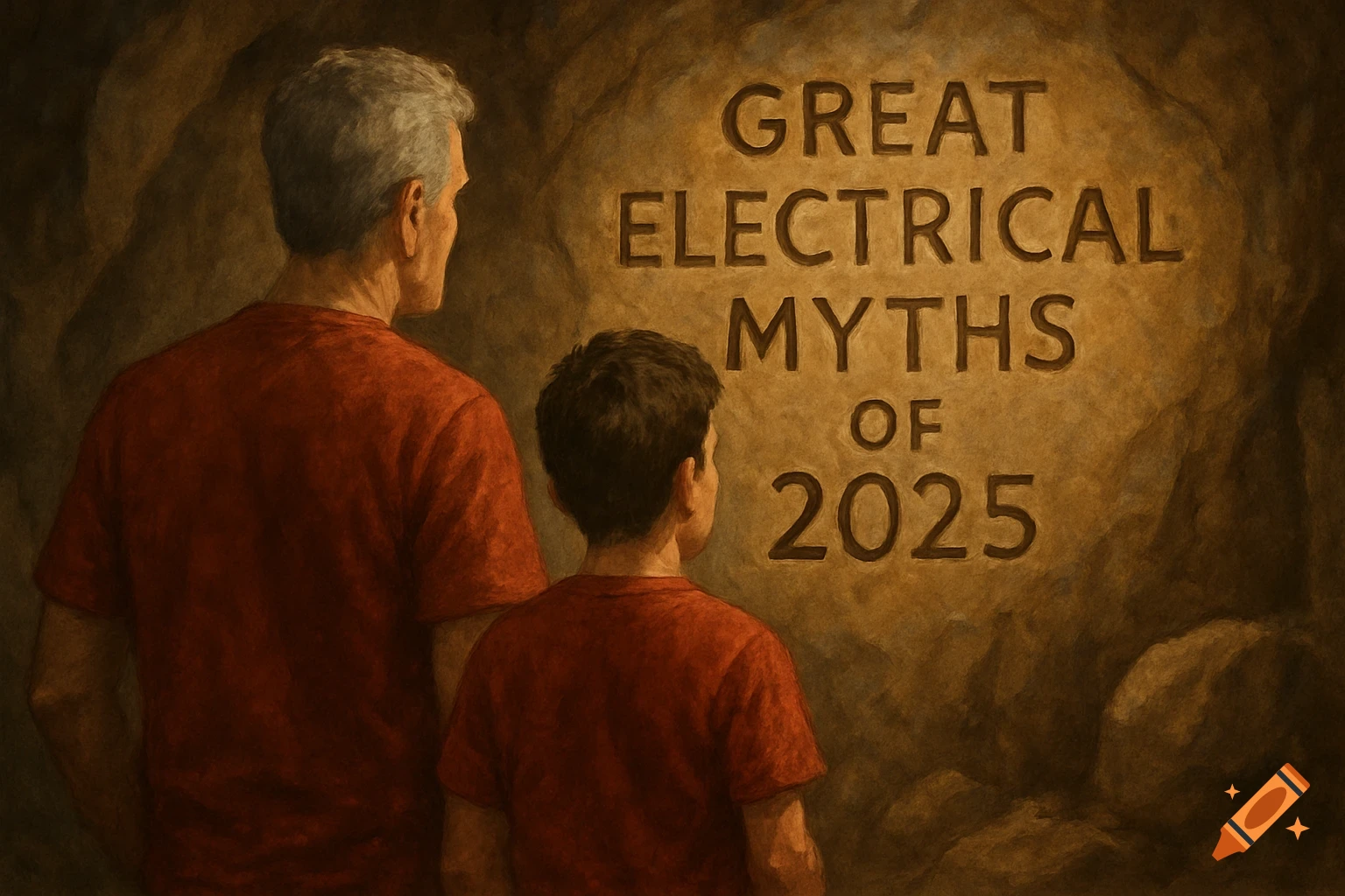 Painting of two people looking at a rock carving reading 'Great electrical myths of 2025' in a cave.