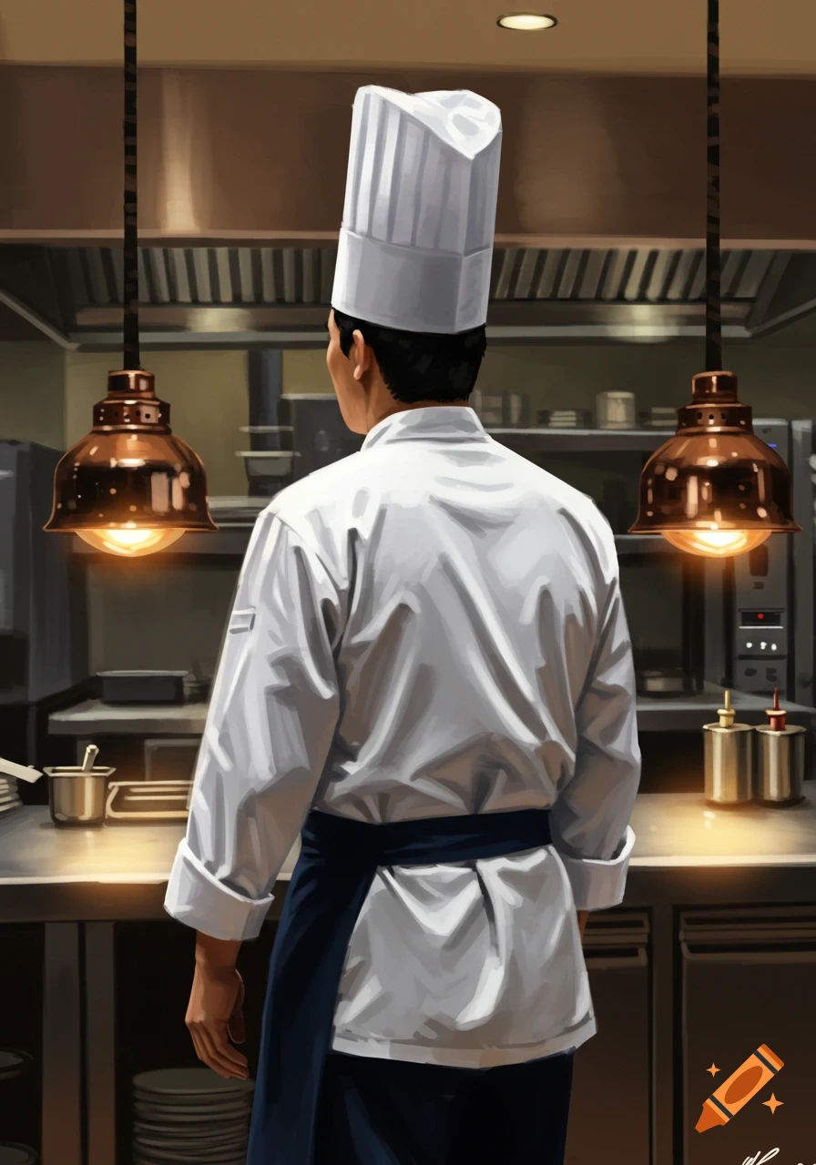 A chef in a white uniform and hat stands in a kitchen, viewed from the back.