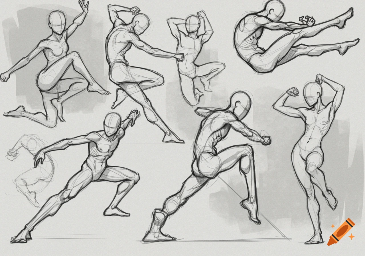 Multiple dynamic figure sketches in various action poses on a light background.