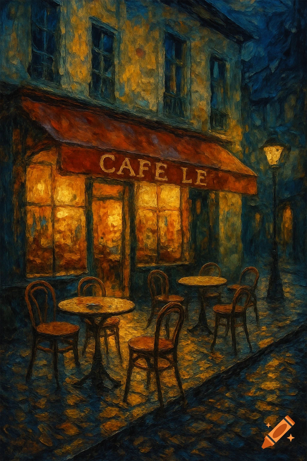 Painterly view of a cafe at night with outside tables and chairs, illuminated windows, and a streetlamp.