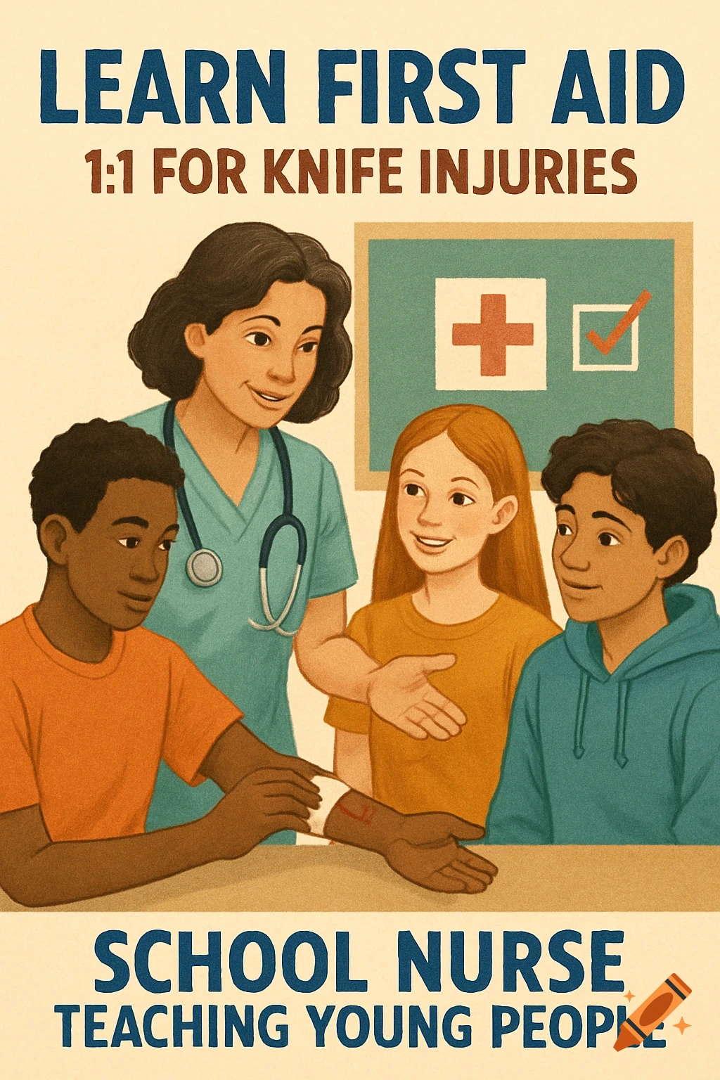 A school nurse teaches first aid to young people, poster style.