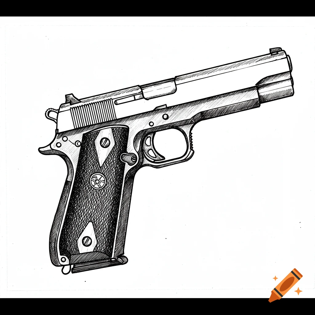 Black ink drawing of a pistol