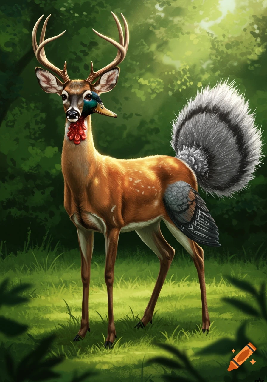 A fantasy creature with a deer body, mallard head, turkey wattle, fox tail, and bird wings stands in a sunlit forest clearing.