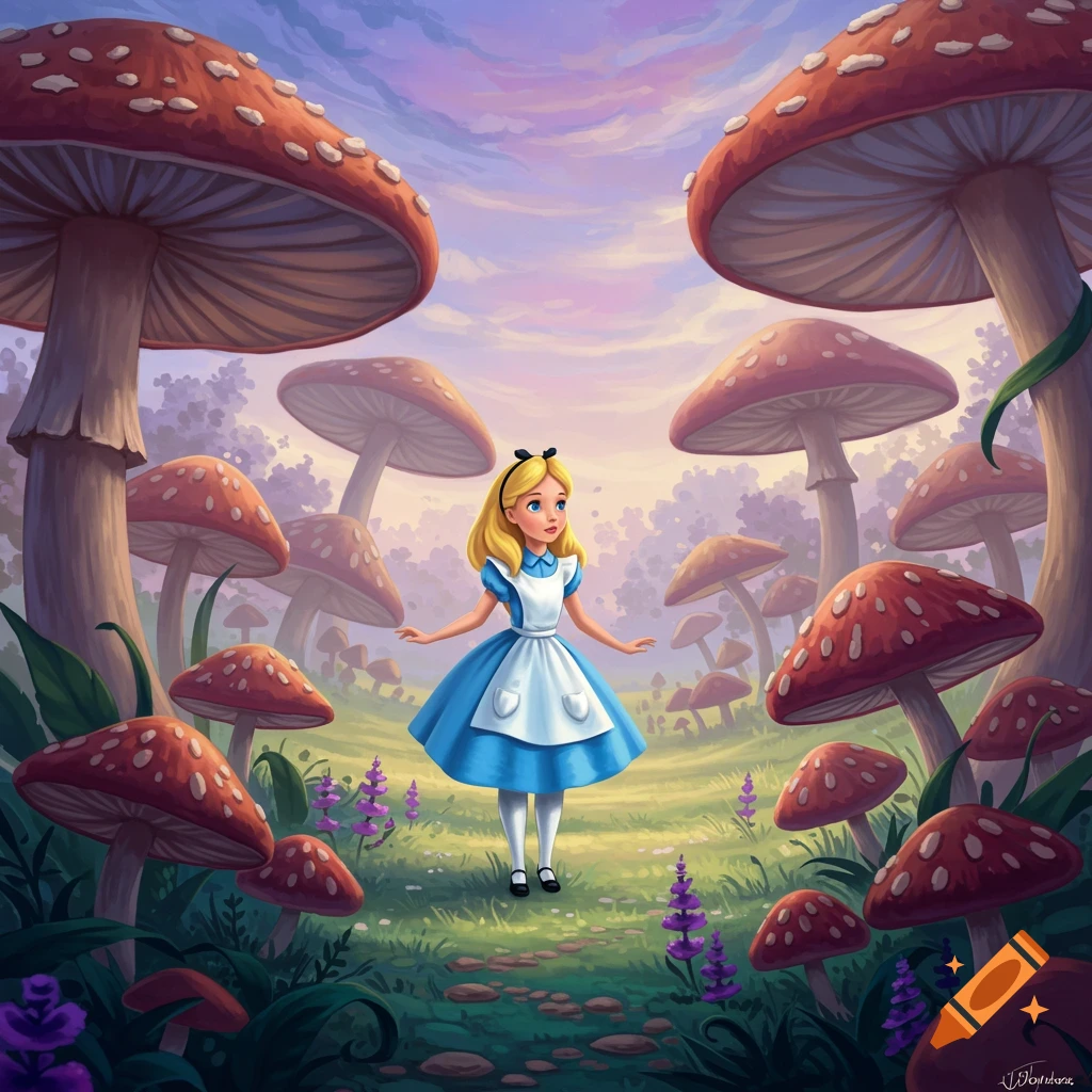 Illustration of Alice in a blue dress standing among giant mushrooms ...