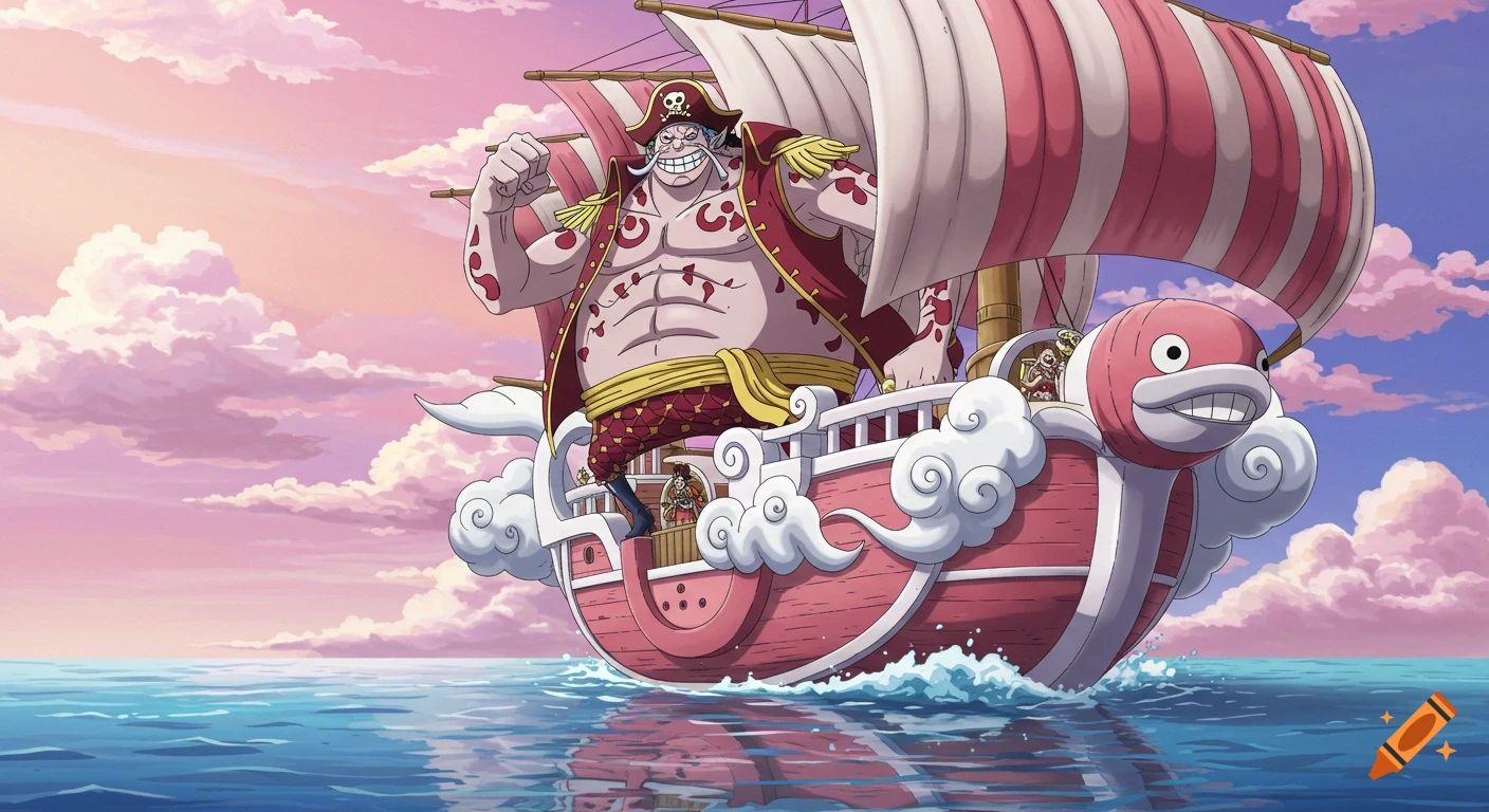 Anime image of a large pirate character on a pink ship with a fish-like head