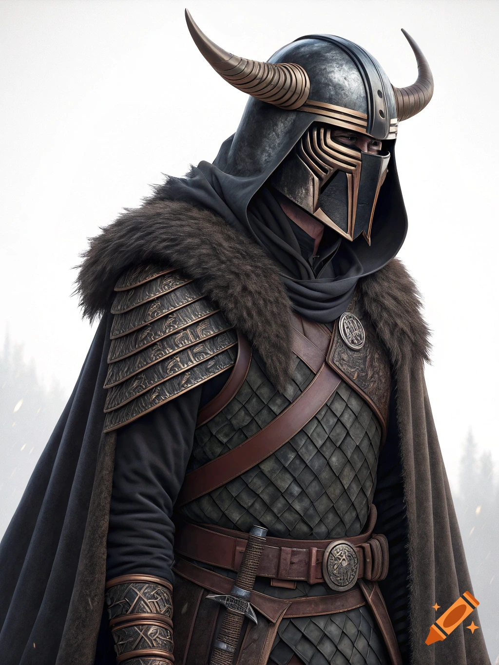 A person in a dark fantasy costume blending Viking and Kylo Ren styles, wearing a horned helmet and detailed armor.