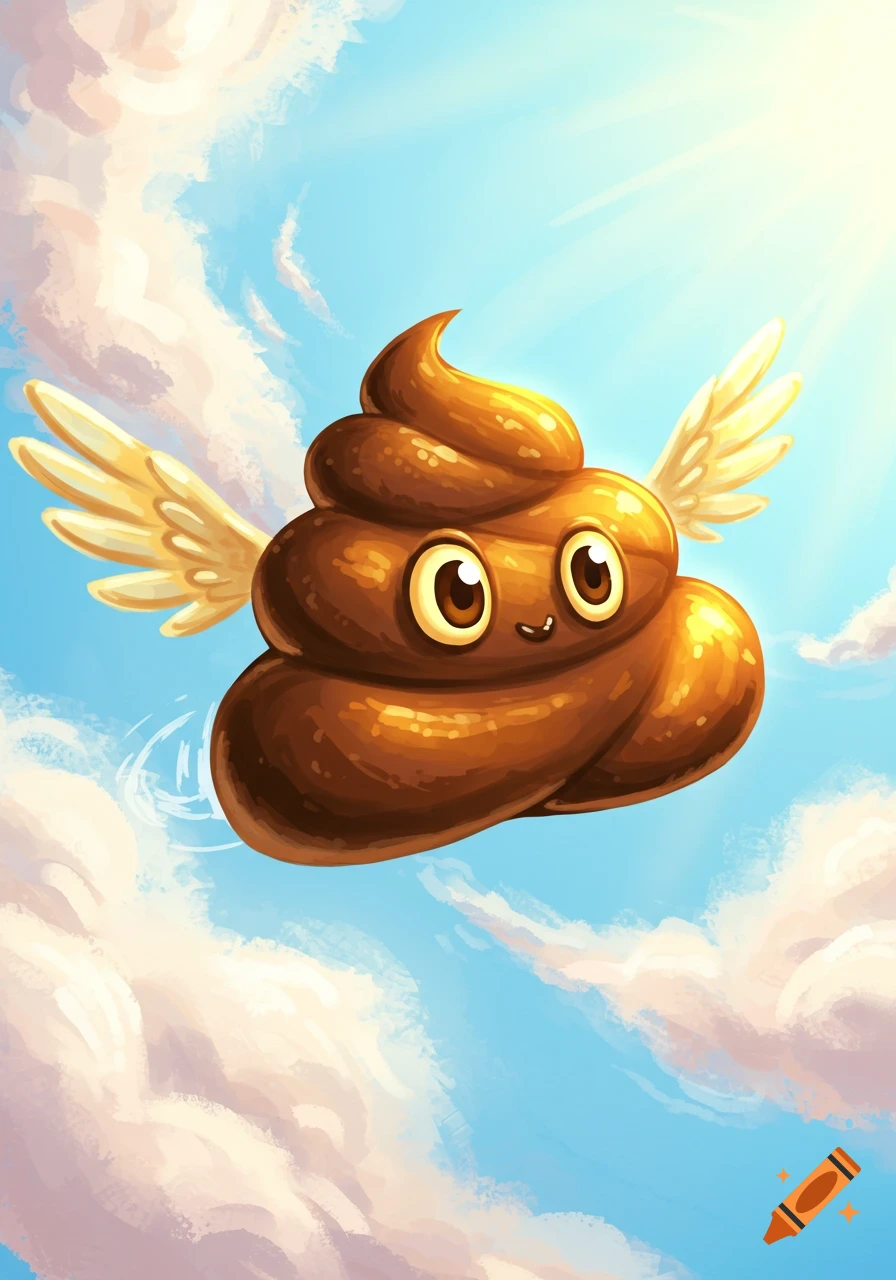 A cartoon poop with wings flies in a bright blue sky with clouds.