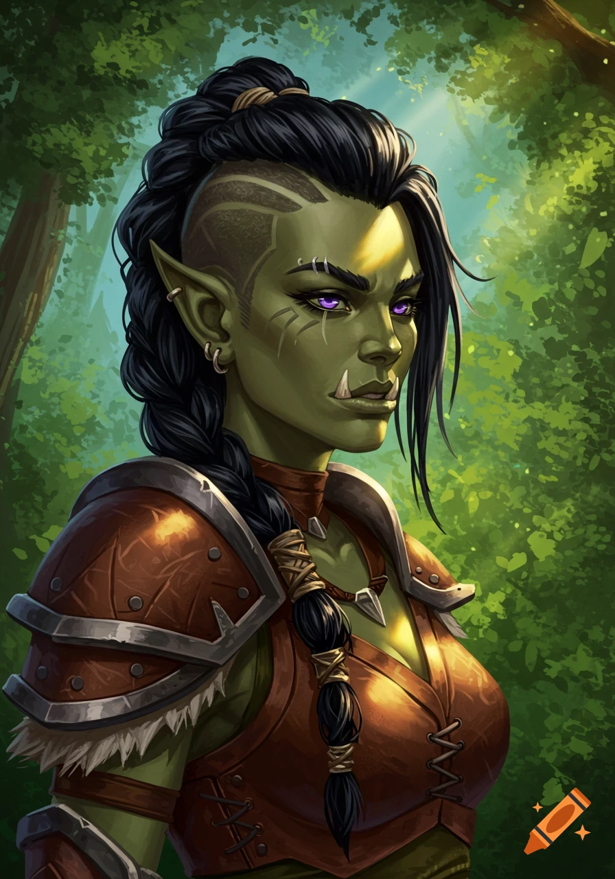 Digital painting portrait of a female green-skinned half-orc druid with purple eyes and braided black hair in leather armor.