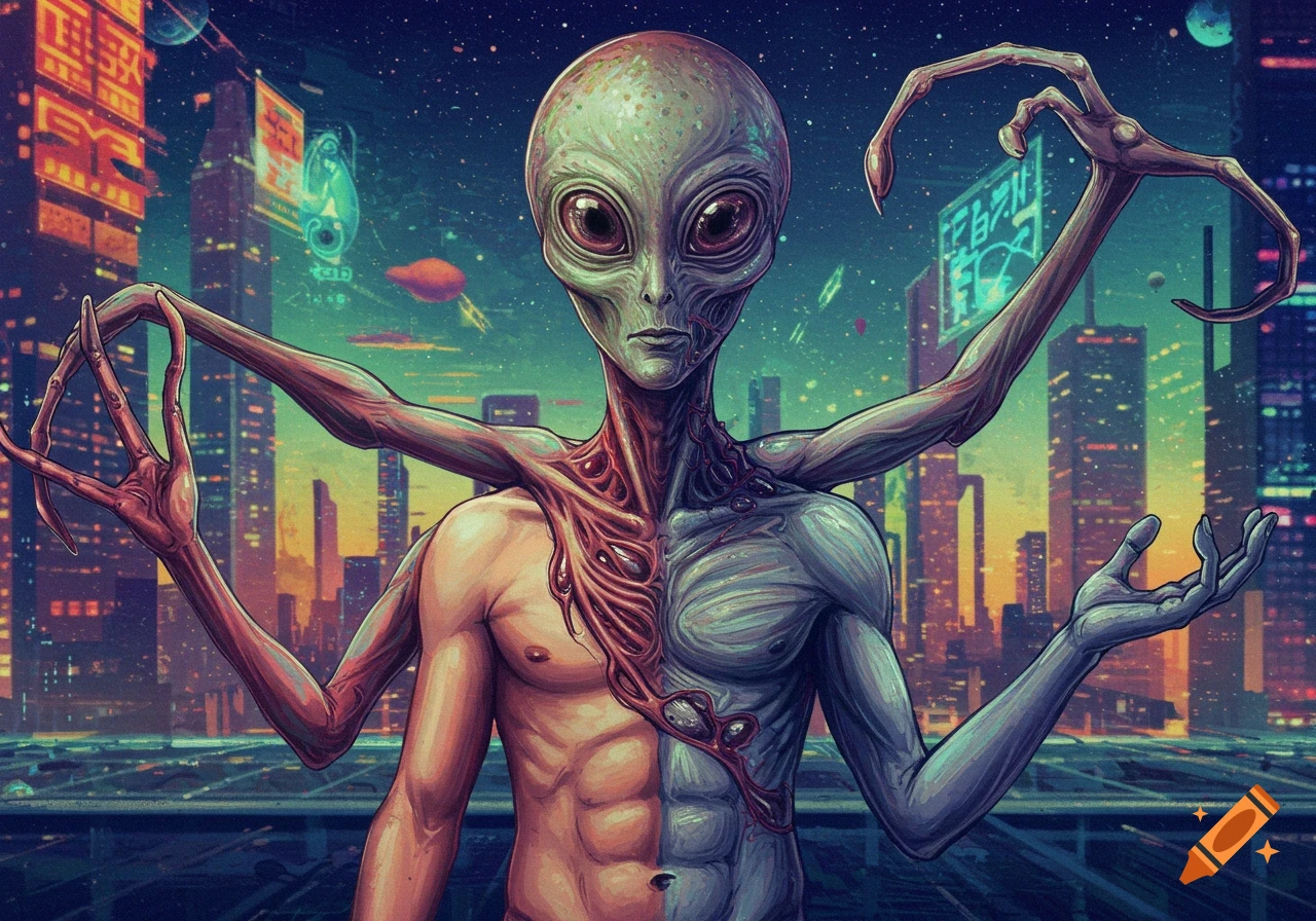 Detailed illustration of a conjoined alien and human creature standing before a cyberpunk city skyline at night.