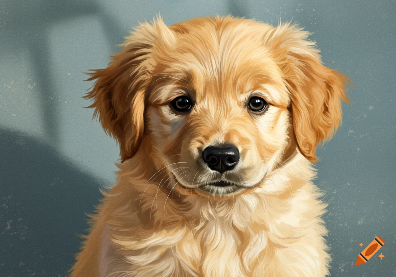 Close-up portrait of a golden retriever puppy in an illustrative style.
