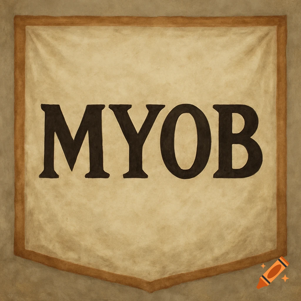 A brown-bordered beige banner with the black letters 'MYOB' across the center.