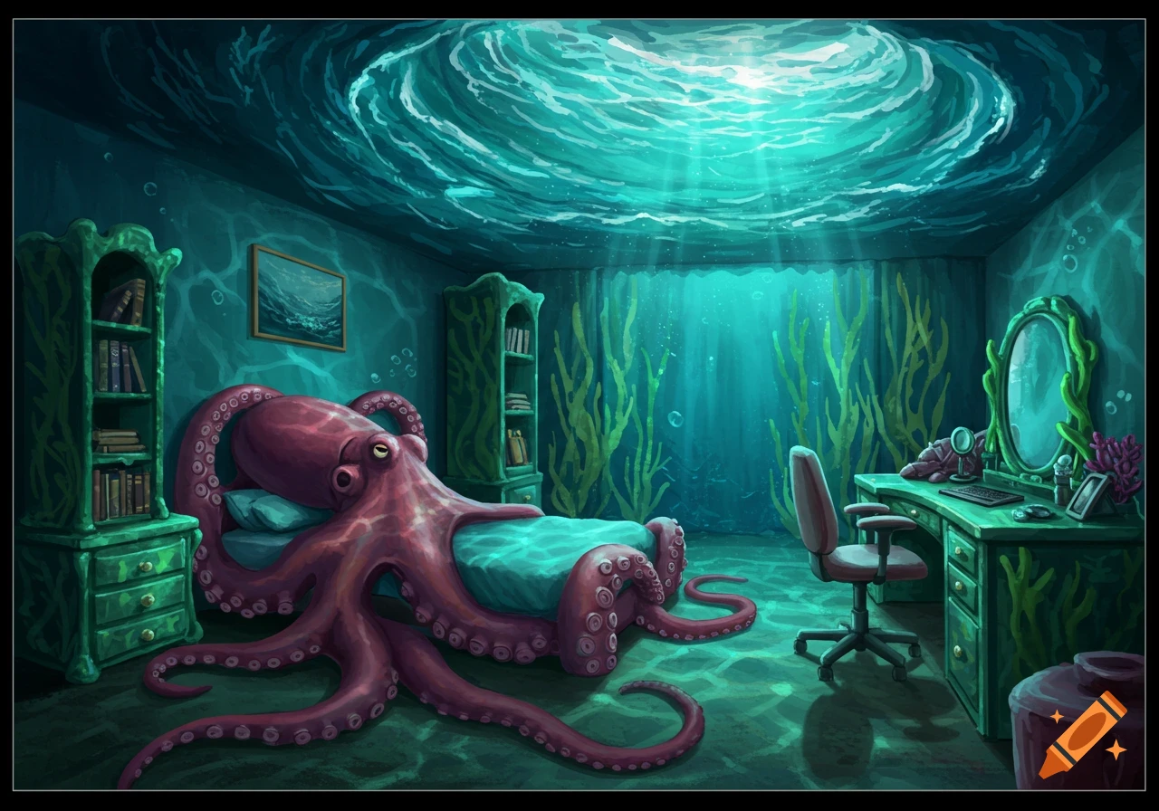An octopus lies on a bed in an underwater room with bookshelves, a desk, and sunlight filtering from the surface ceiling.