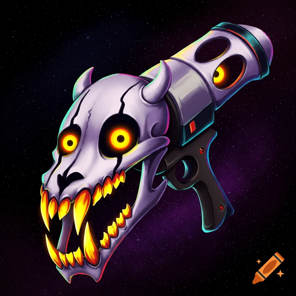 A stylized bone-white skull weapon with glowing orange eyes and teeth, set against a purple and black starfield background.