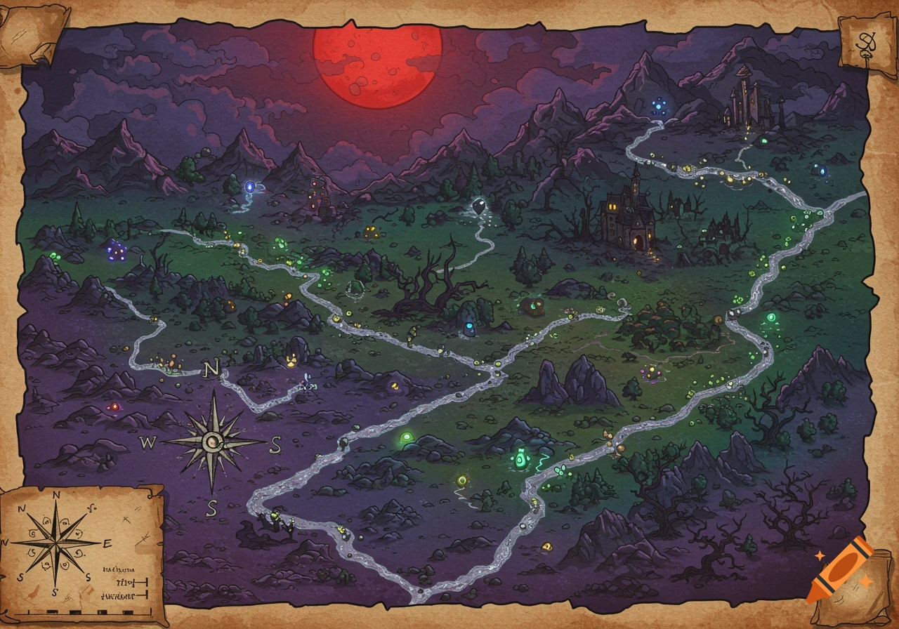 An illustrated fantasy map with a spooky landscape under a red moon.