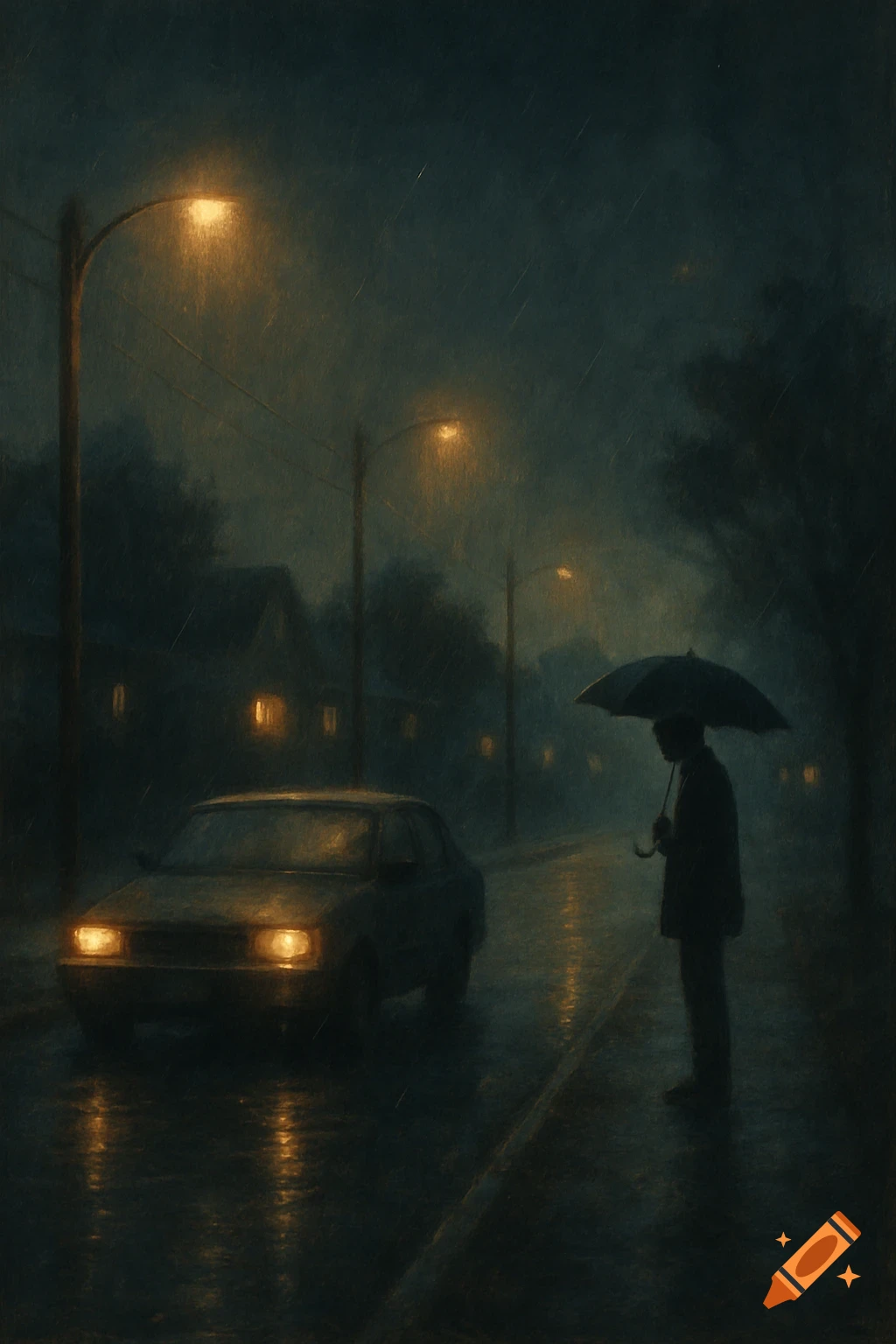 Lone figure with umbrella next to parked car on rainy suburban street at night, lit by street lamps. Painterly style.