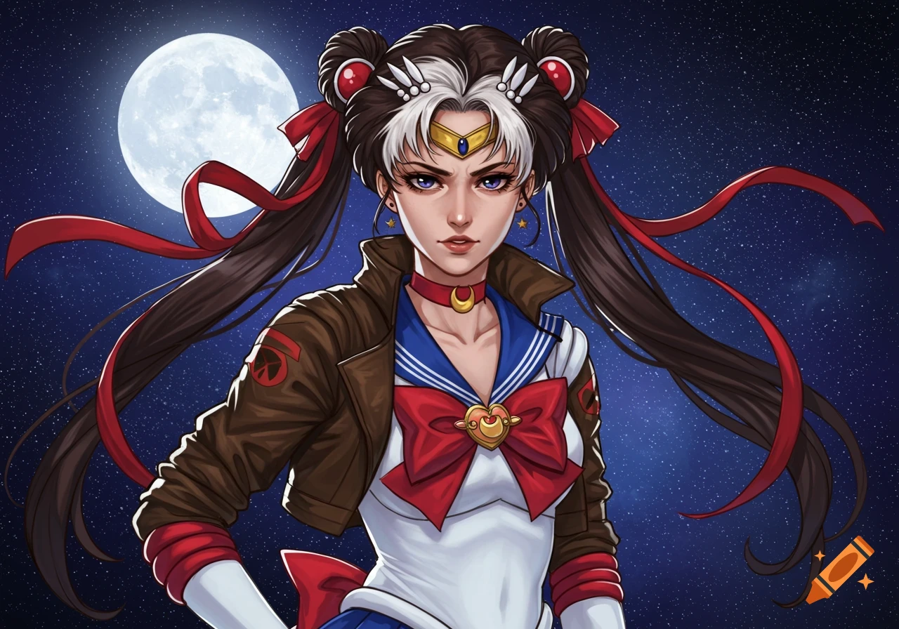 Rogue the Bat dressed as Sailor Moon standing under a full moon in space