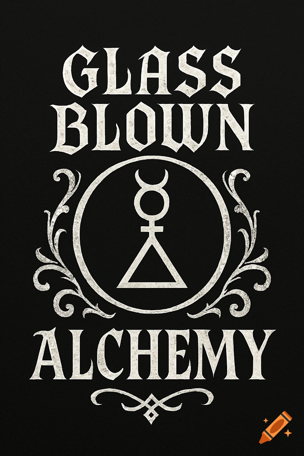Gothic logo with 'Glass Blown Alchemy' text and a symbol in a circle.