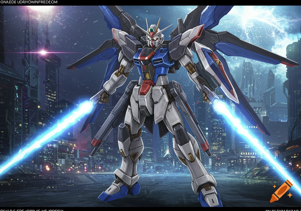 A white, blue, and red mecha robot with wings and beam sabers stands in a futuristic city at night, anime style.