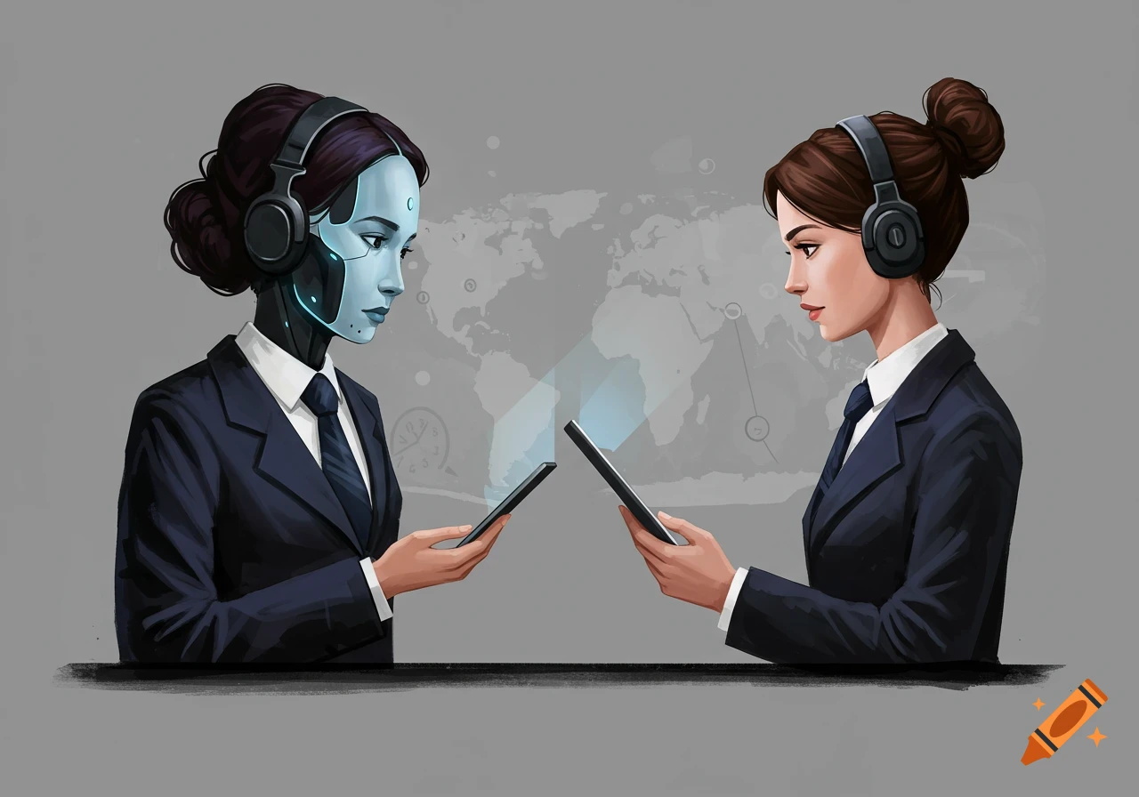 An illustration of a human and a robot in suits and headphones looking at smartphones with a world map background.