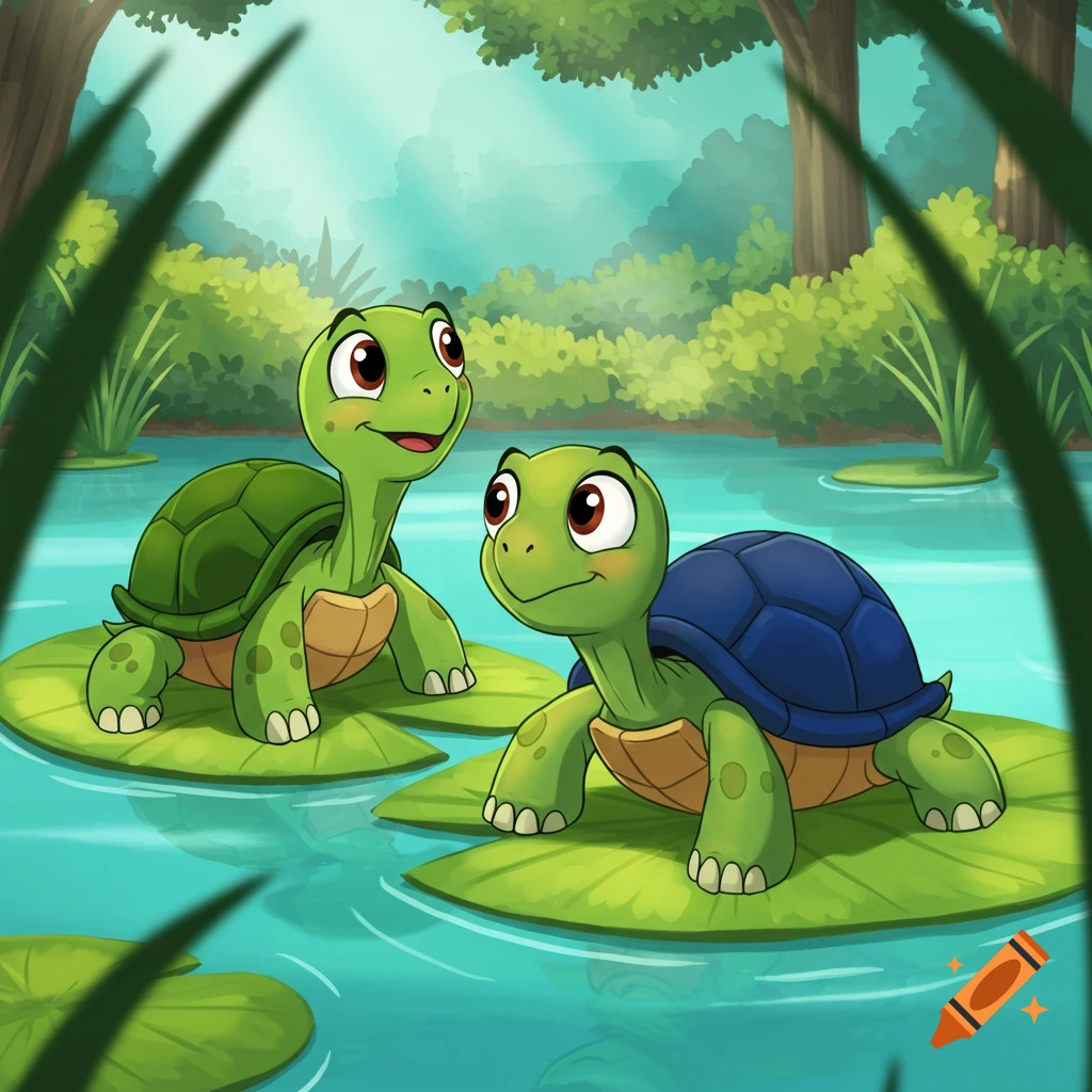 Two cartoon turtles sitting on lily pads in a pond.